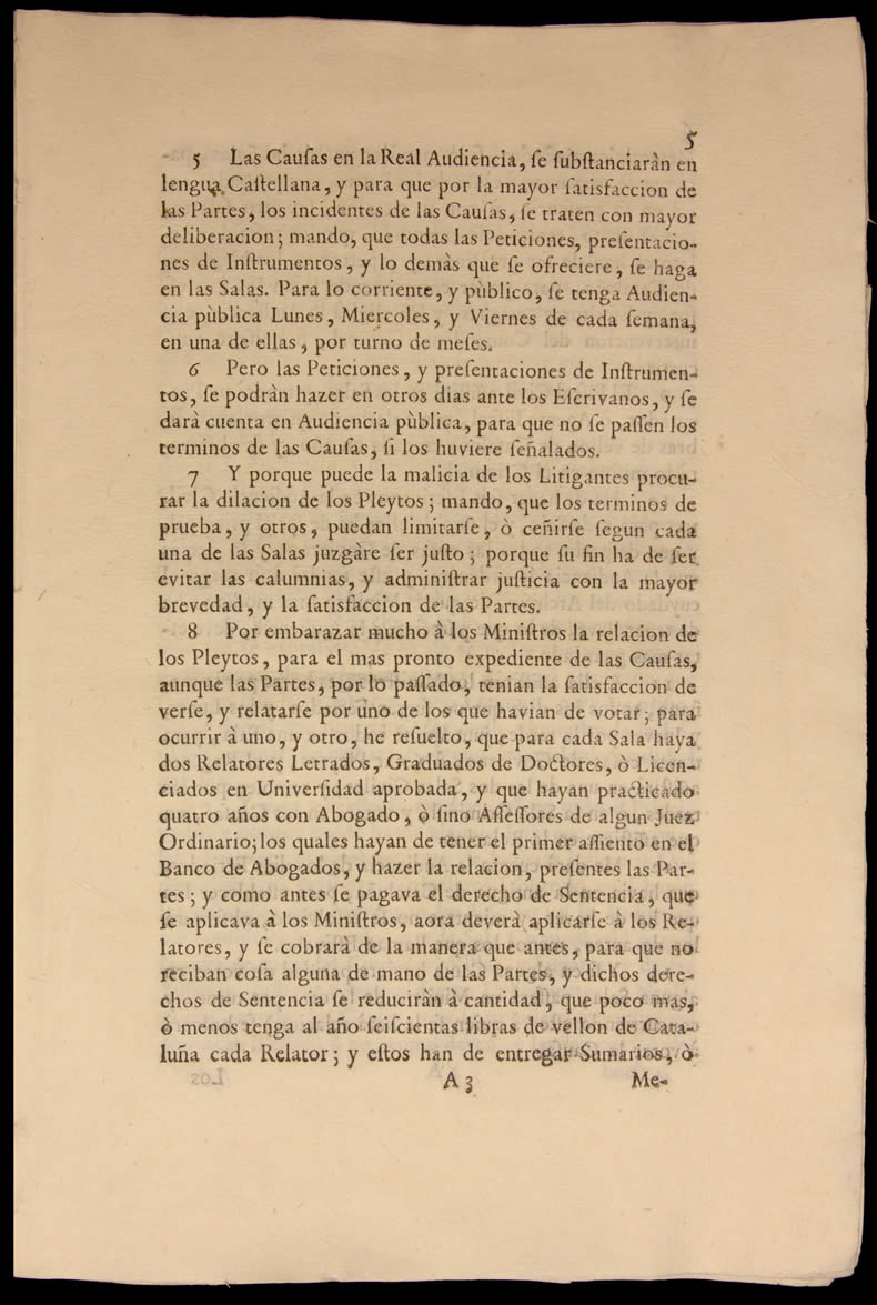 Artículo 5 del Decreto de Nueva Planta: las causas de la Real Audiencia se redactaran en lengua castellana 